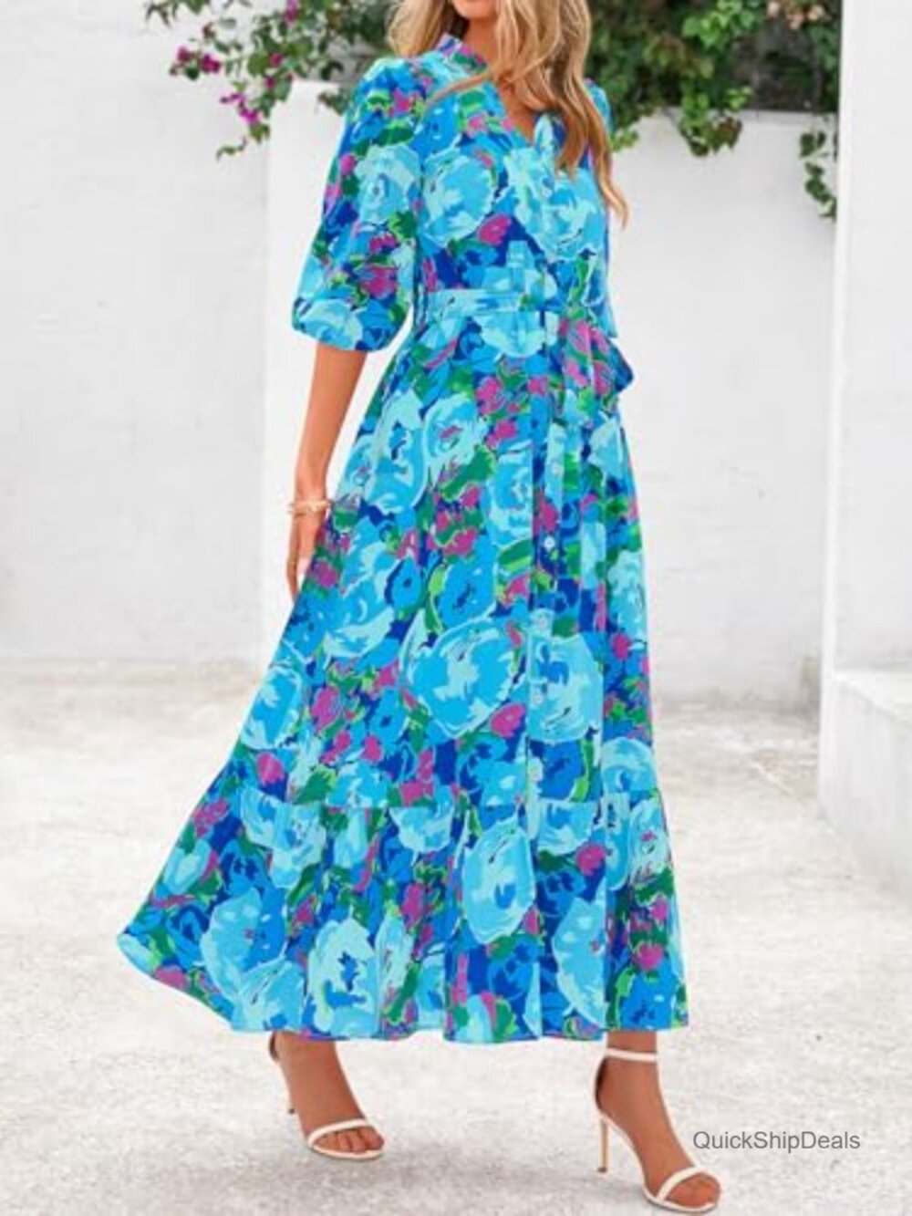 Floral Maxi Dress Boho V Neck 3/4 Puff Sleeve Button Down Tie Waist Flowy Long - Picture 3 of 7